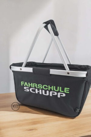 Einkaufskorb schwarz mit Logo Bestickung der Fahrschule Schupp Neustadt an der Weinstraße